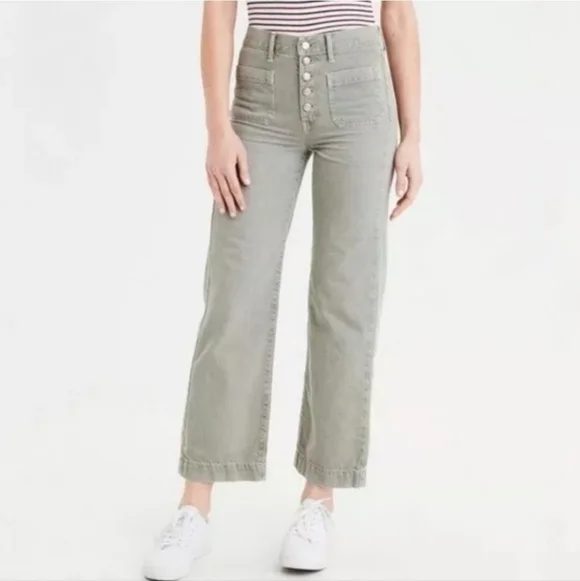 AMERICAN EAGLE HI RISE BUTTON FLY WIDE LEG PATCH POCKETS CROP JEAN'S SZ 8 - Picture 1 of 12